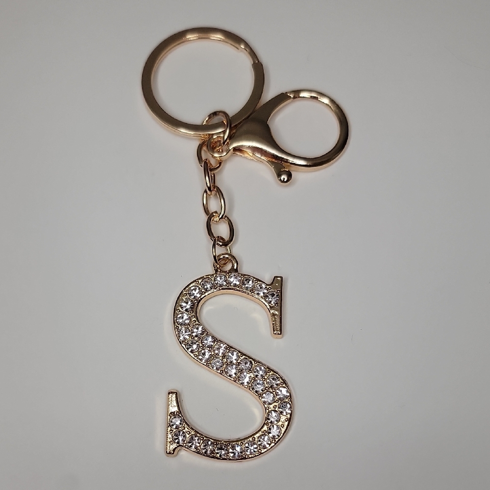 Letter S Initial S Alphabet S Rhinestone Gold Key Chain Bag Charm - Picture 7 of 7